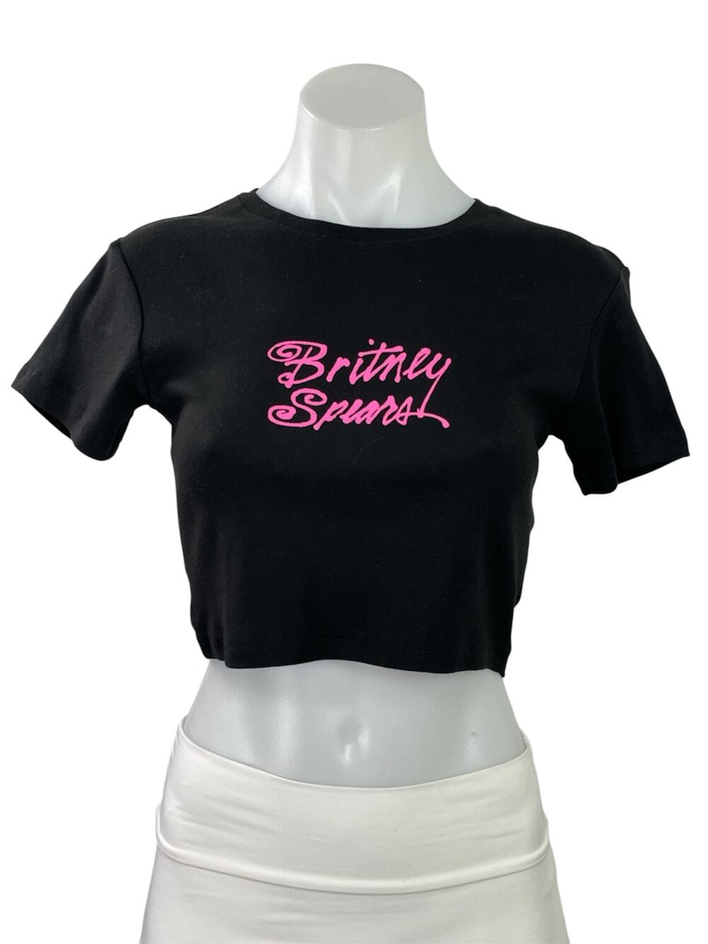 Britney Spears Black Short Sleeve Signature Babydoll Crop Tee T-Shirt Top Size S